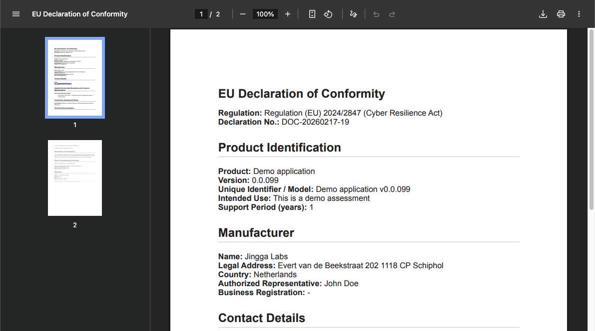 Document of Conformity screenshot